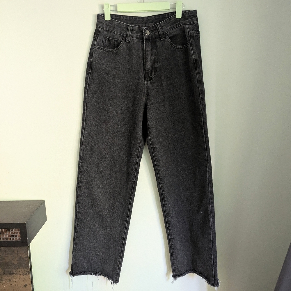 Faded Black Jeans Womens Medium Cotton High Rise Wide Leg Cut Off Frayed Hem 199